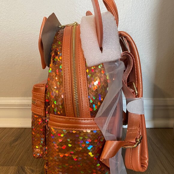 Disney Park Loungefly Minnie Mouse Sequined Mini Backpack Peach Punch - Picture 3 of 7